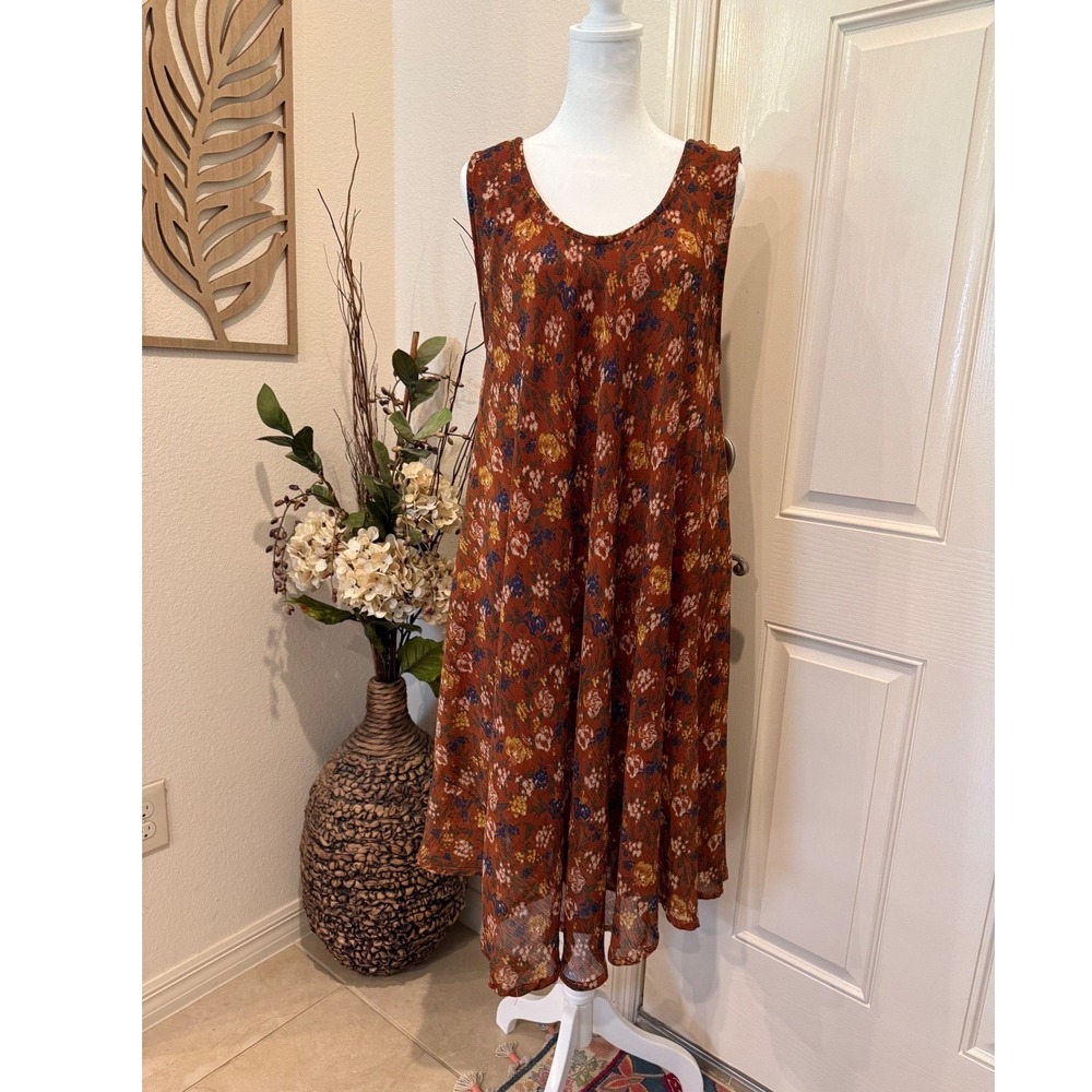 Ana & Rose Rust Orange Floral Sleeveless V-Neck Mini Dress Flowy Lined